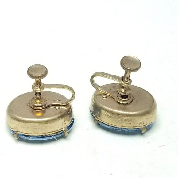 Vintage Blue Oval Rhinestone Clip On Earrings, Screw Backs, Retro Sparkle Estate - Picture 2 of 5